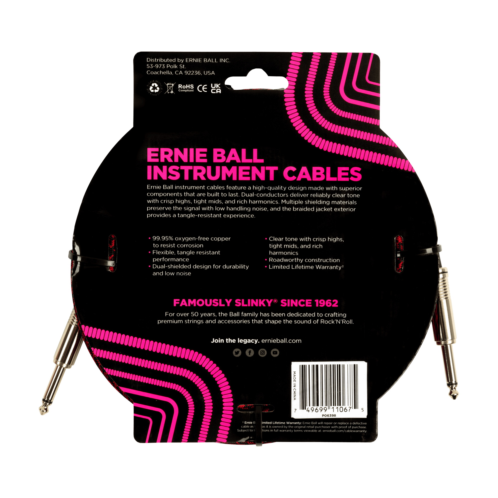 Ernie Ball - Cable de Audio Recto/Recto, Tamaño: 7.620 Mts., Color: Rojo/Negro Mod.6398_24