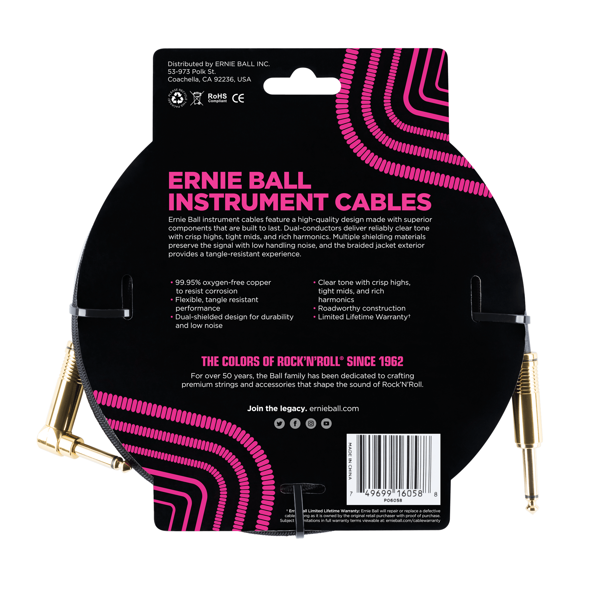 Ernie Ball - Cable Recubierto para Instrumento de 7.62 mts., Color: Negro Ang./ Rec. Mod.6058_27
