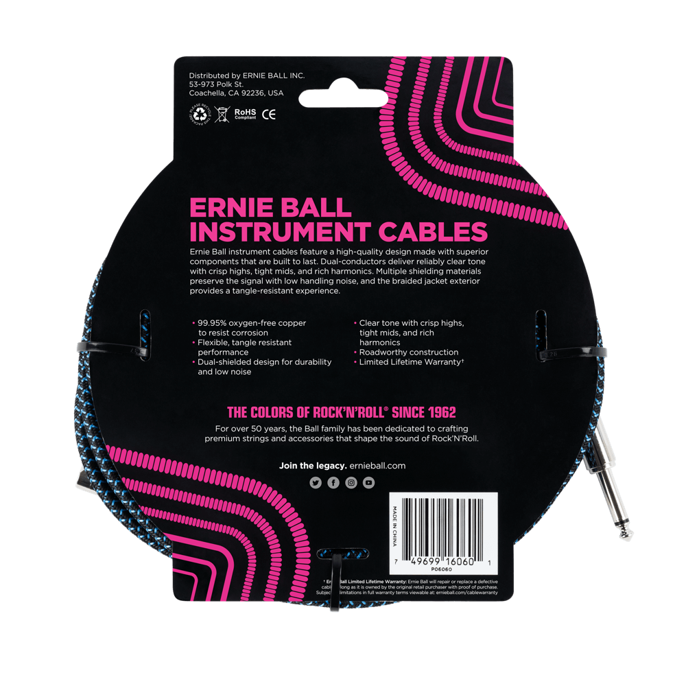 Ernie Ball - Cable Recubierto para Instrumento de 7.62 mts., Color: Negro/Azúl Neon Ang./ Rec. Mod.6060_28