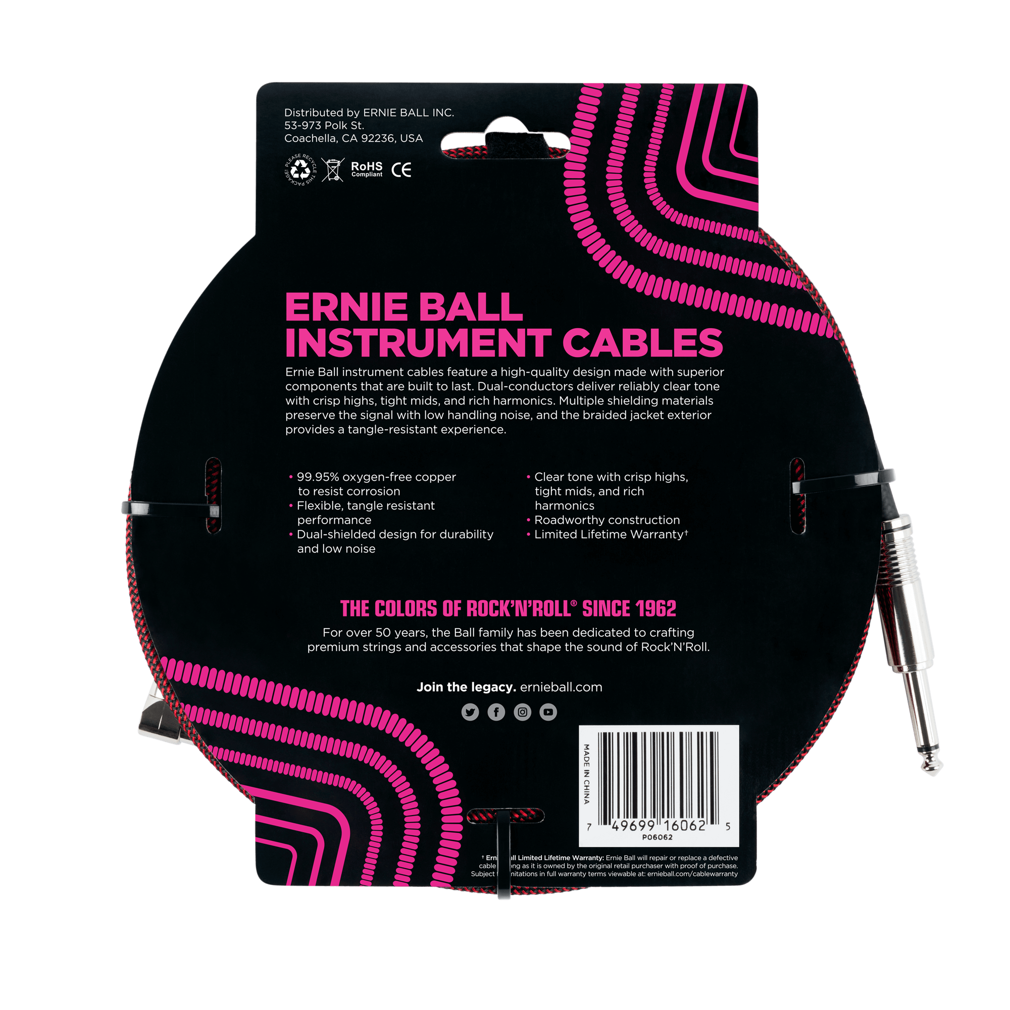 Ernie Ball - Cable Recubierto para Instrumento de 7.62 mts., Color: Negro/Rojo Ang./ Rec. Mod.6062_29