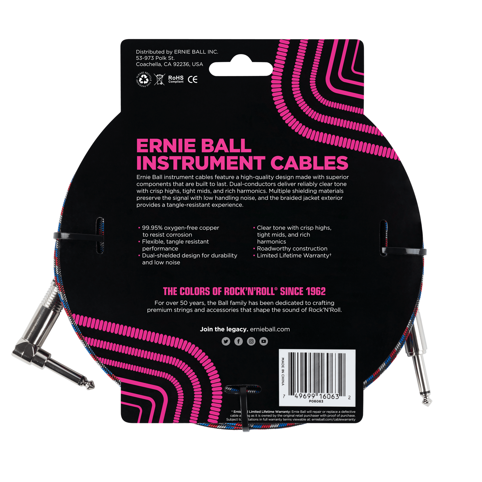 Ernie Ball - Cable Recubierto para Instrumento de 7.62 mts., Color: Negro/Azul/Rojo/Blanco Ang./ Rec. Mod.6063_30