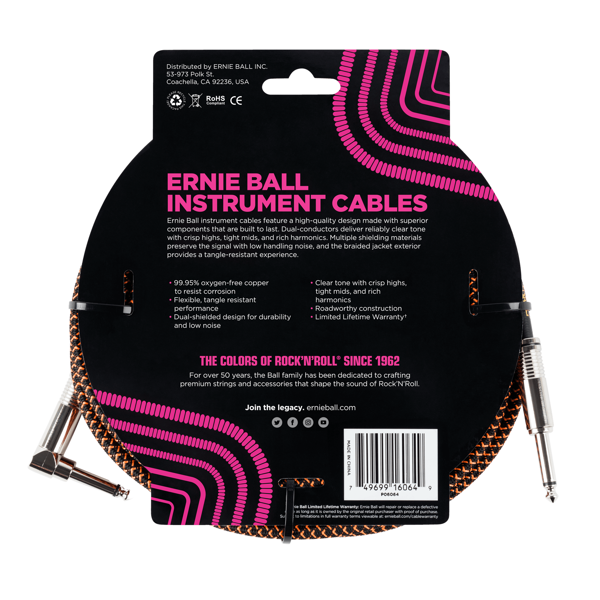 Ernie Ball - Cable Recubierto para Instrumento de 7.62 mts., Color: Negro/Naranja Neon Ang./ Rec. Mod.6064_31