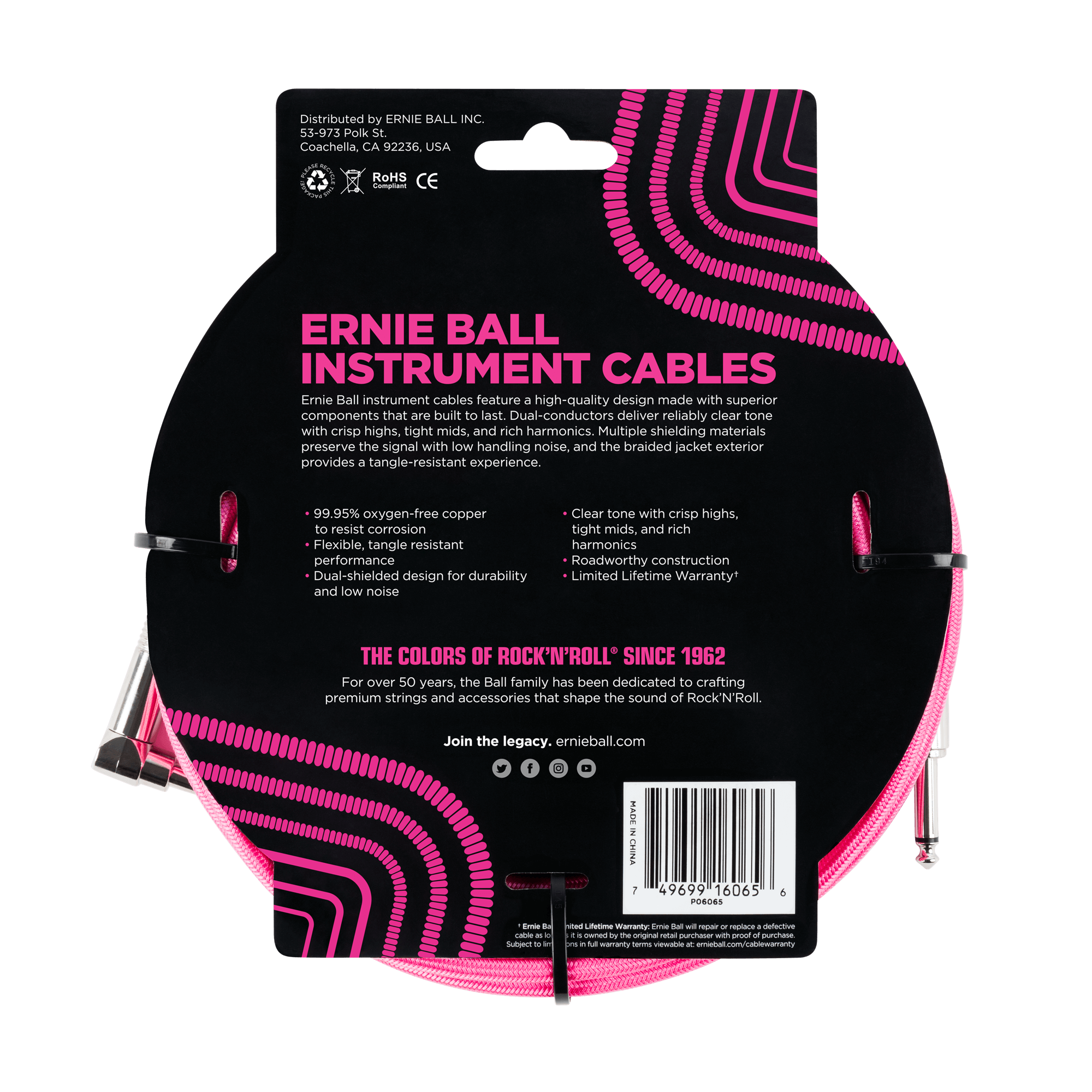 Ernie Ball - Cable Recubierto para Instrumento de 7.62 mts., Color: Rosa Neon Ang./ Rec. Mod.6065_32