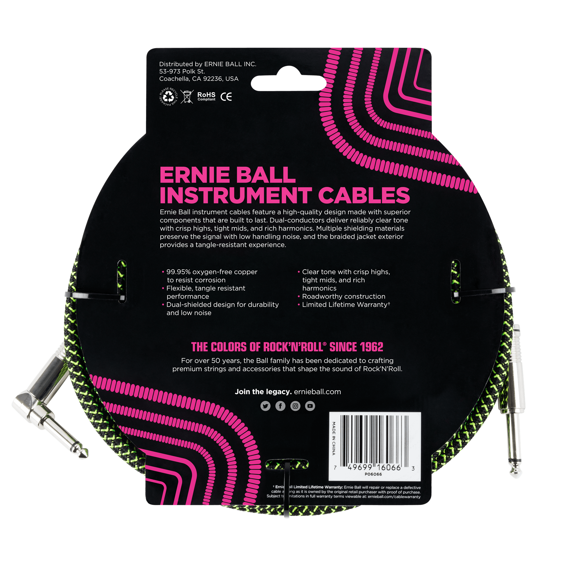 Ernie Ball - Cable Recubierto para Instrumento de 7.62 mts., Color: Negro/Verde Neon Ang./ Rec. Mod.6066_33