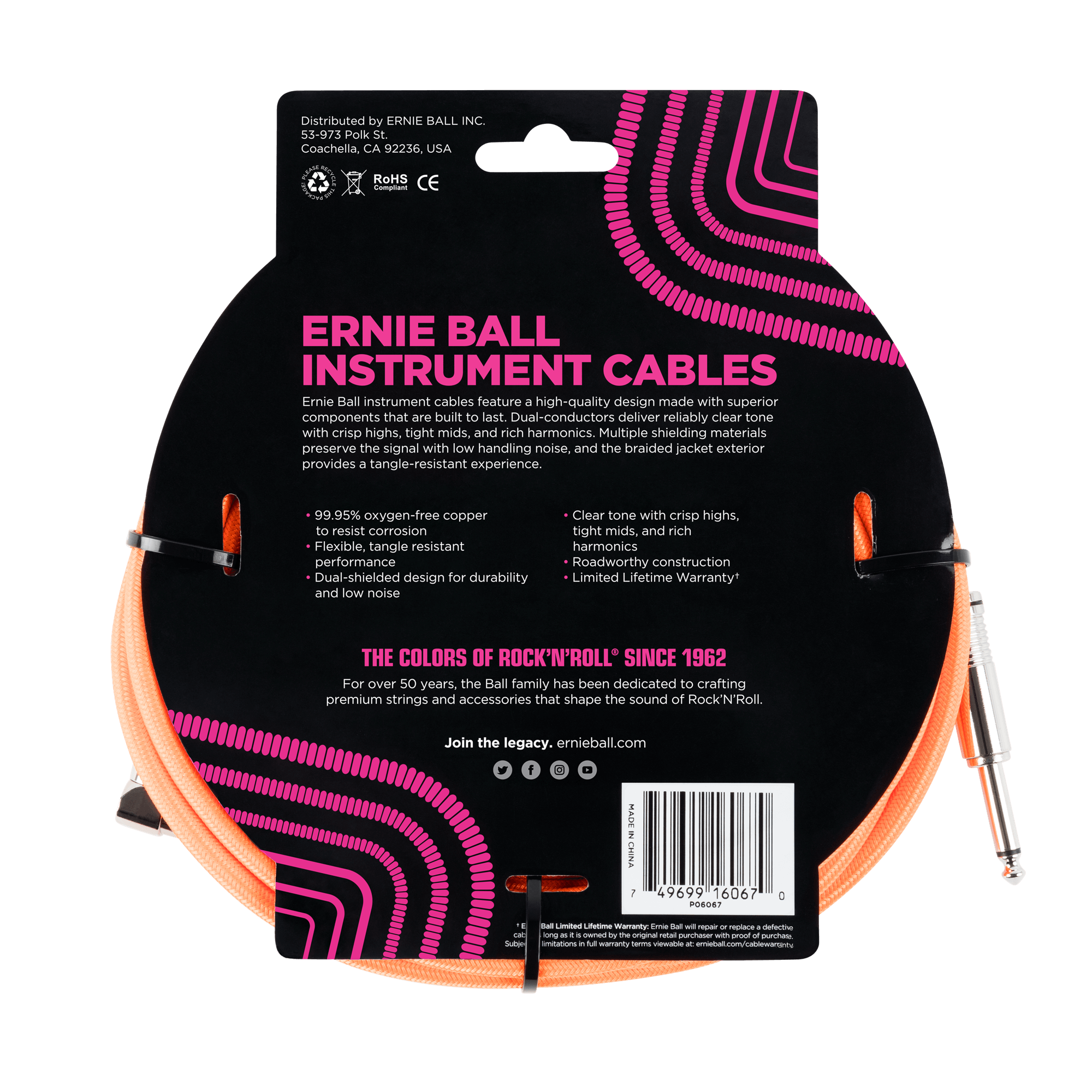 Ernie Ball - Cable Recubierto para Instrumento de 7.62 mts., Color: Naranja Neon Ang./ Rec. Mod.6067_34