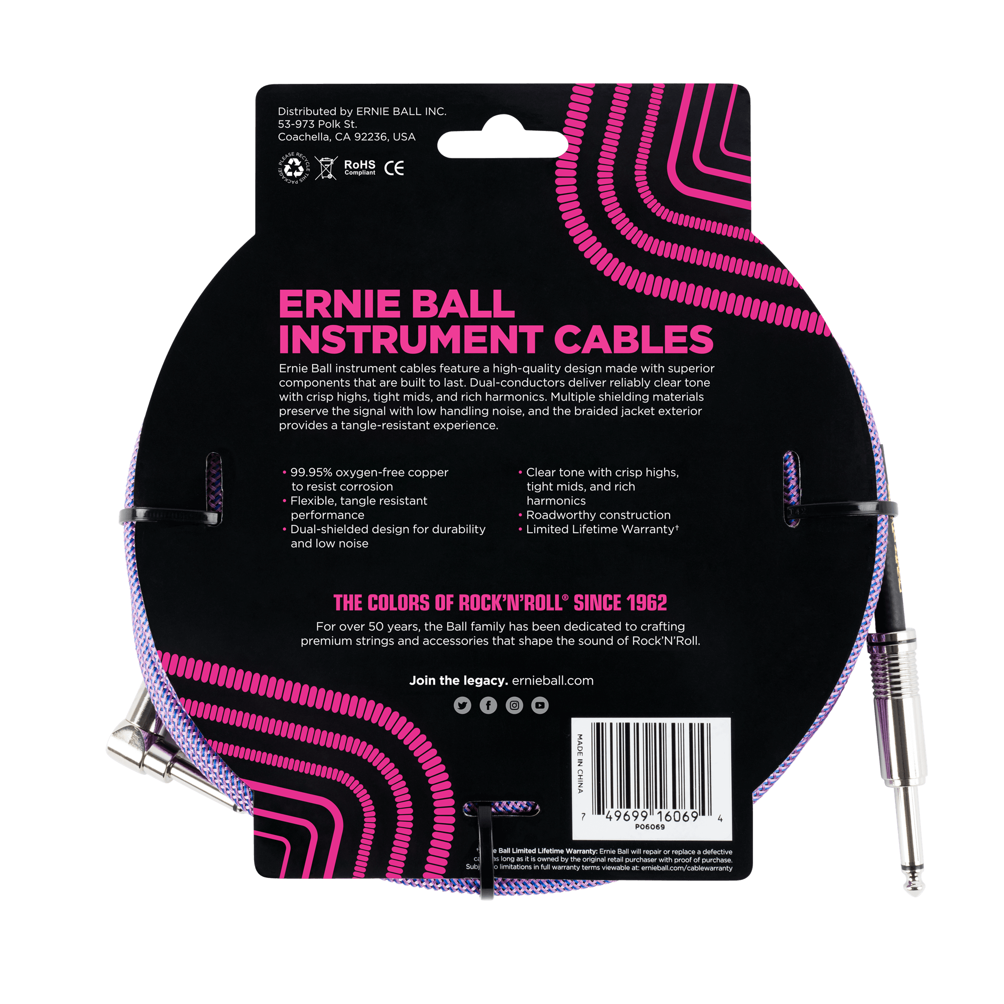 Ernie Ball - Cable Recubierto para Instrumento de 7.62 mts., Color: Morado/Azul Ang./ Rec. Mod.6069_36