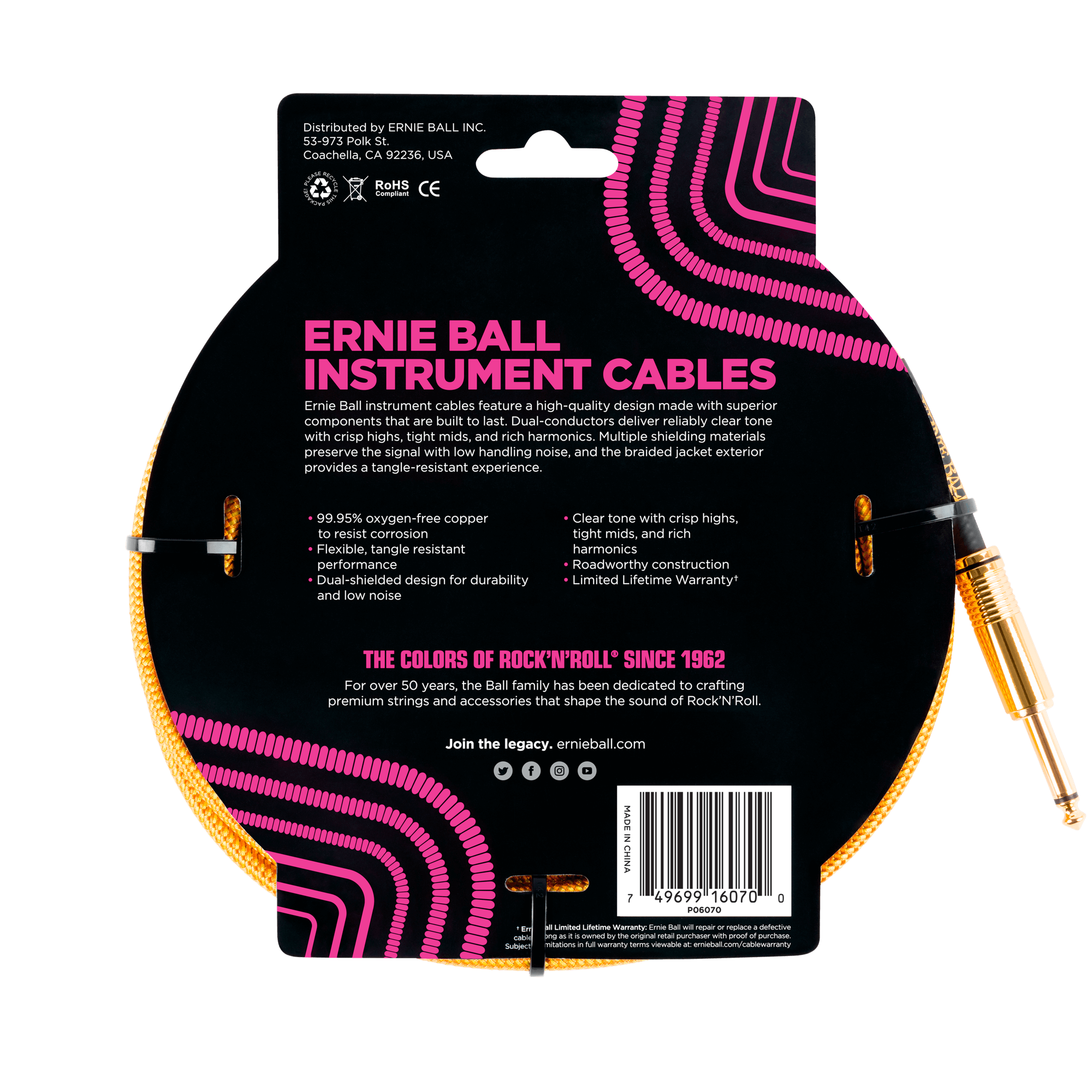 Ernie Ball - Cable Recubierto para Instrumento de 7.62 mts., Color: Dorado Ang./ Rec. Mod.6070_37