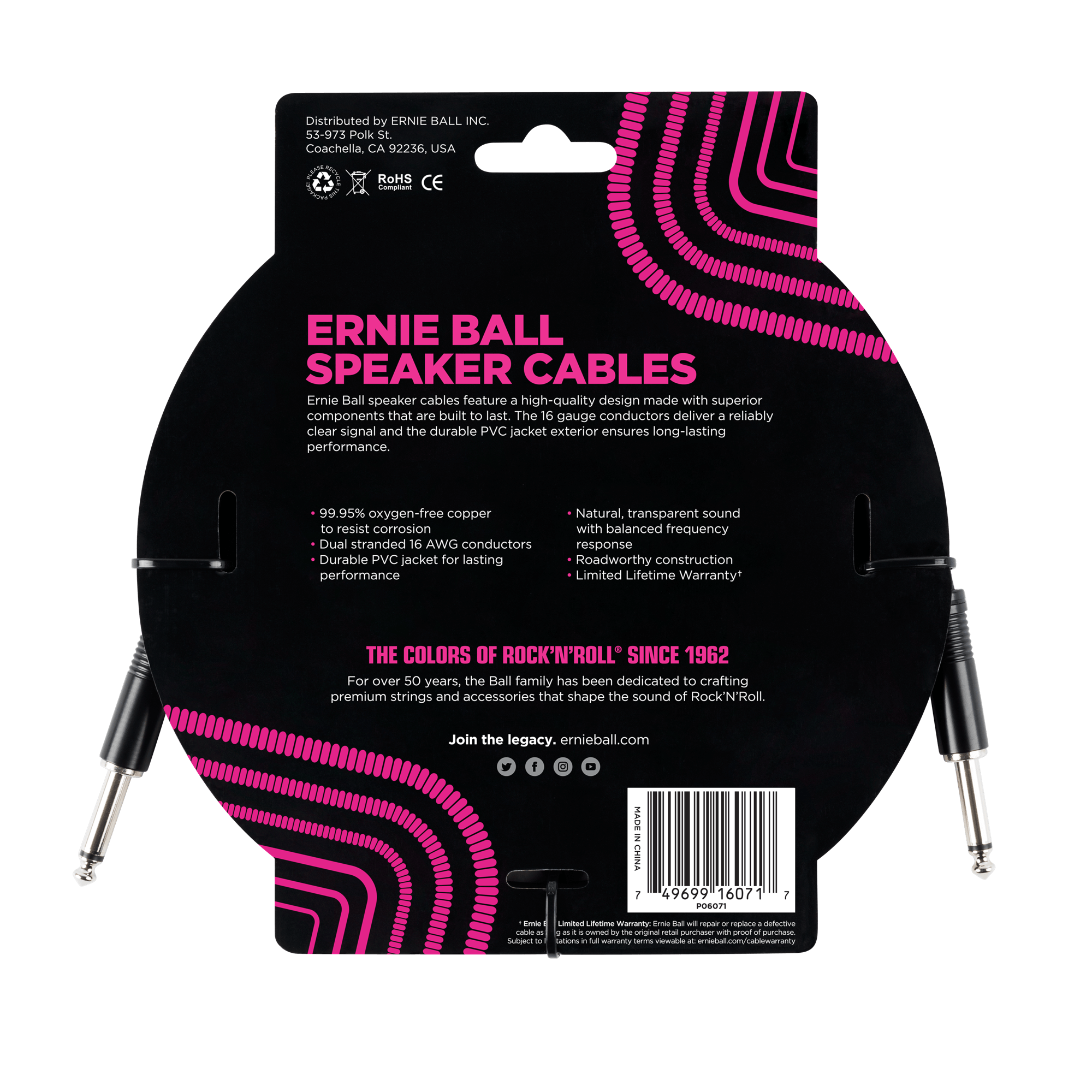 Ernie Ball - Cable para Bafle de 0.91 mts., Color: Negro Rec./Rec. Mod.6071_38