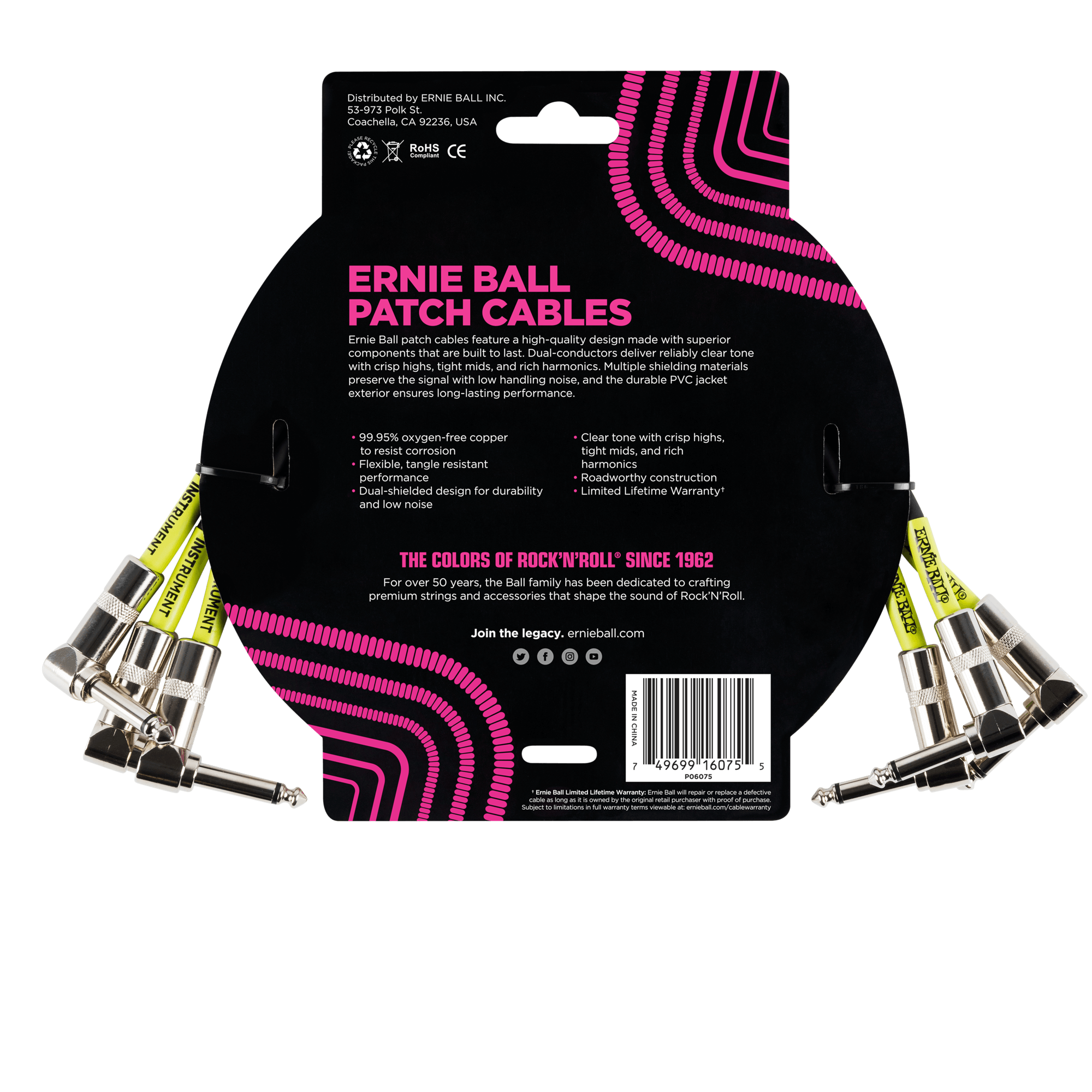 Ernie Ball - 3 Cables de 0.30 mts., Color: Negro Ang./Ang. Mod.6075_41