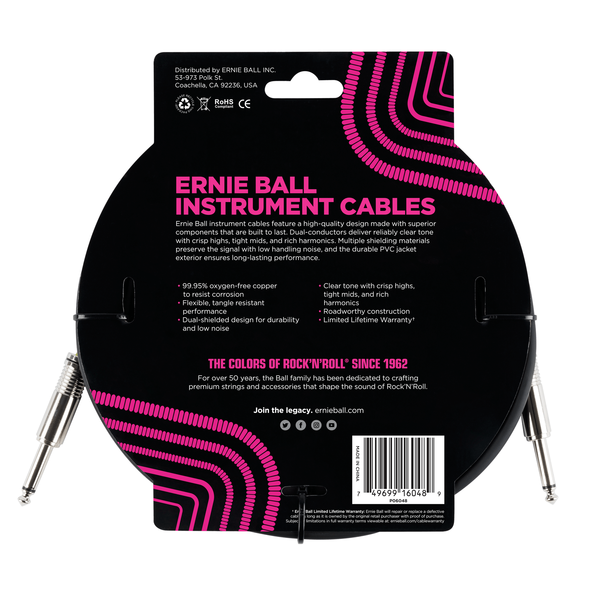 Ernie Ball - Cable para Instrumento, Color: Negro Tamaño: 3.04 mts. Recto/Recto Mod.6048_39