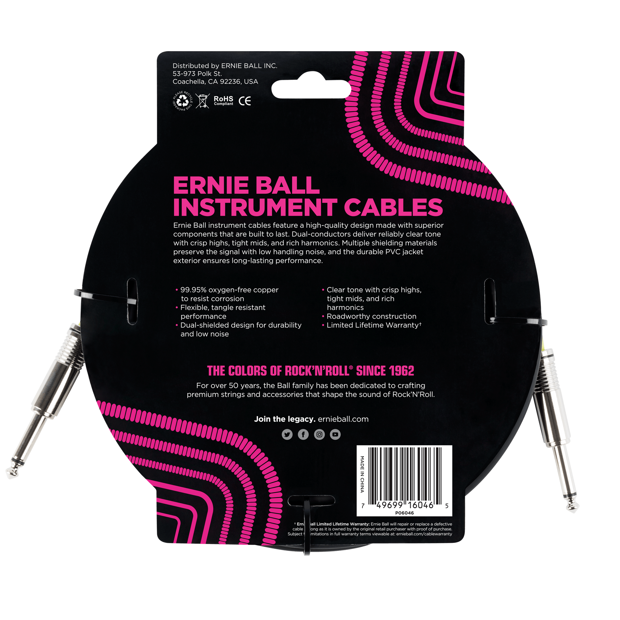 Ernie Ball - Cable para Instrumento, Color: Negro Tamaño: 6.09 mts. Recto/Recto Mod.6046_40