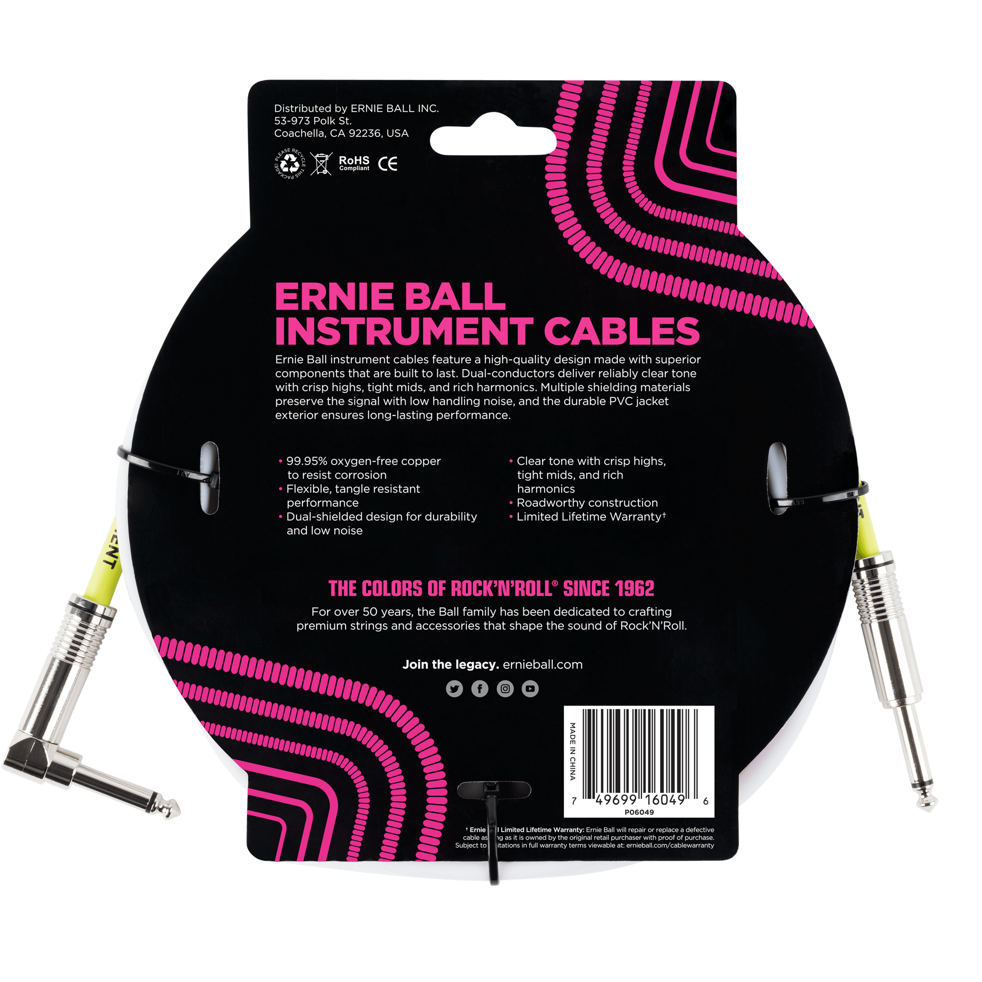 Ernie Ball - Cable para Instrumento, Color: Blanco Tamaño: 3.04 mts. Recto/Ang. Mod.6049_42