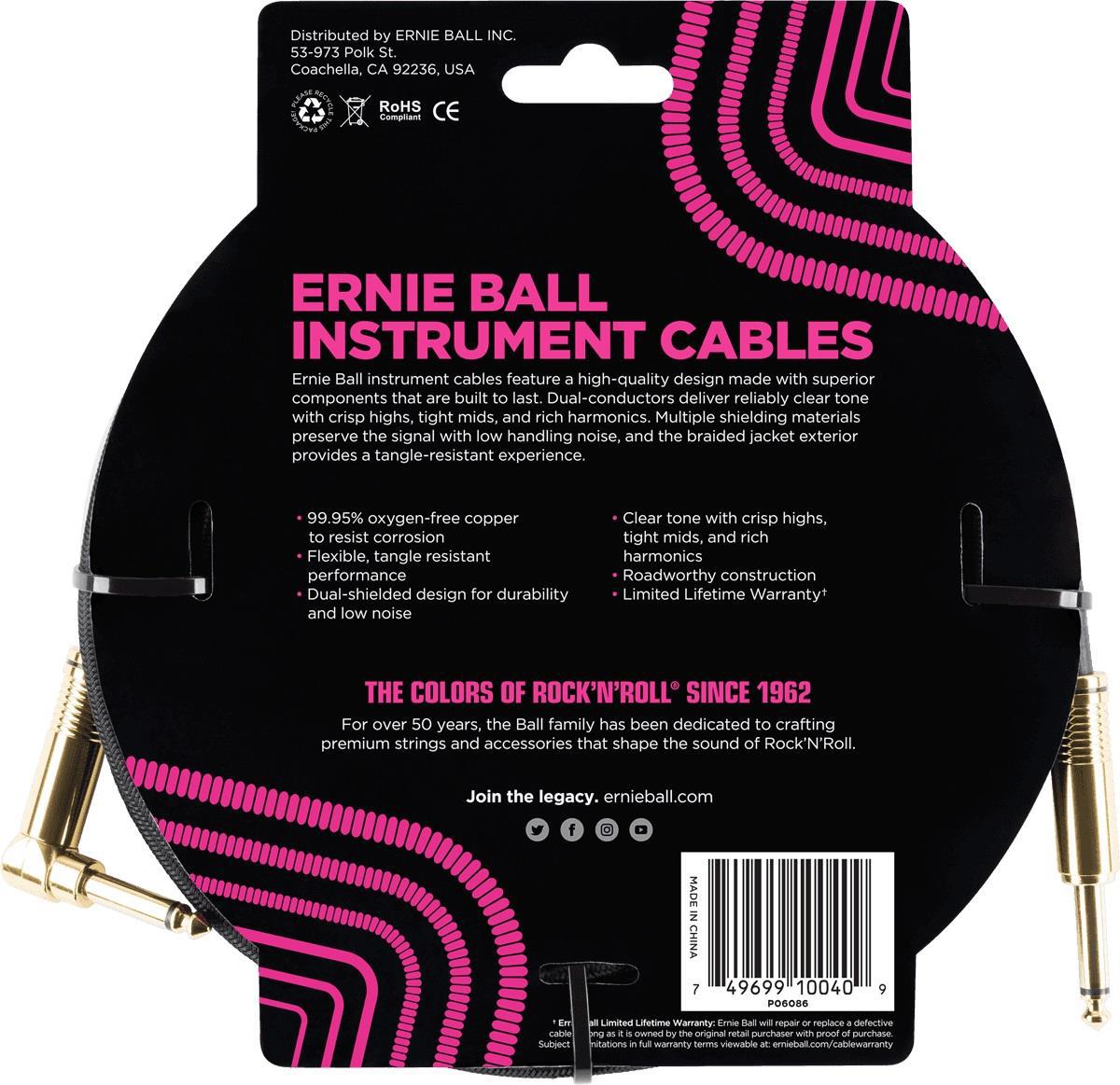 Ernie Ball - Cable para Instrumento, Color: Negro Tamaño: 5.49 mts. Recto/Angulado Mod.6086_31