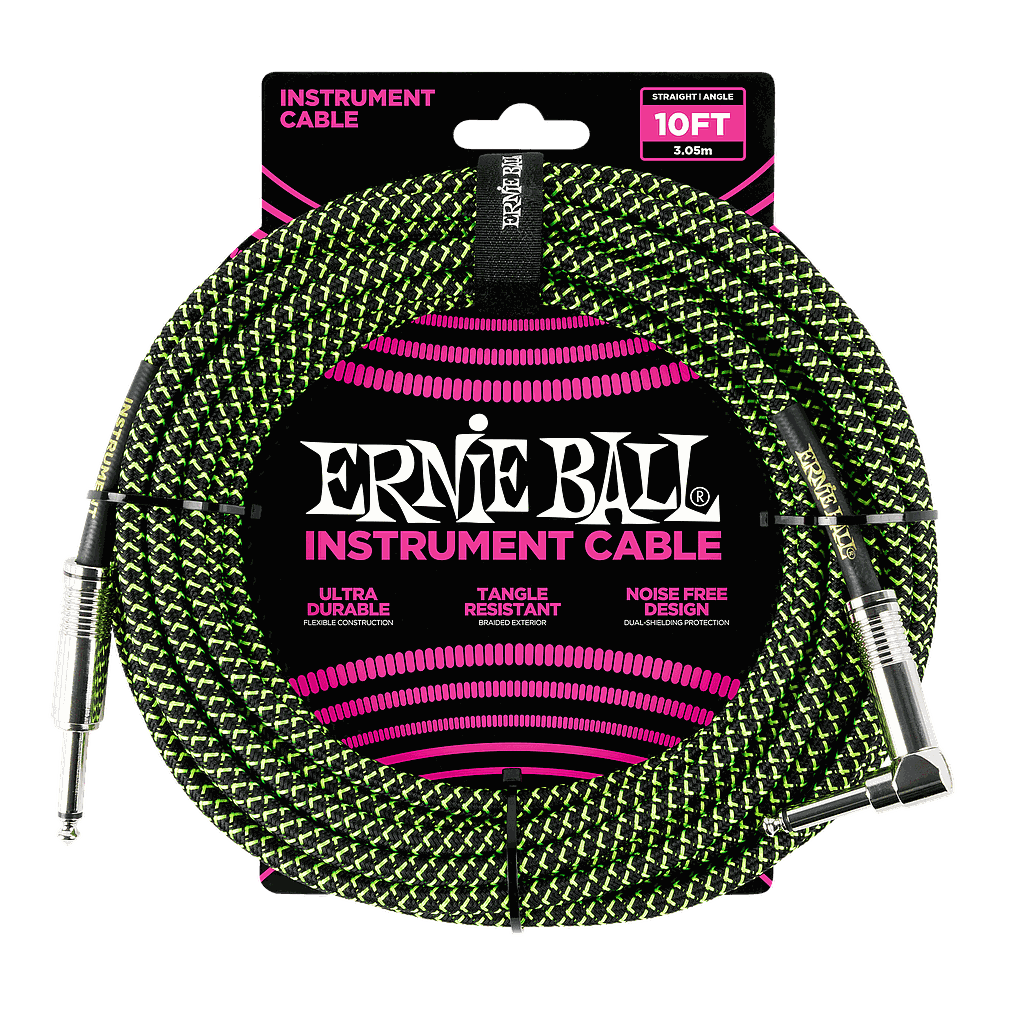 Ernie Ball - Cable para Instrumento, Color: Negro/Verde Tamaño 3.05 mts. Recto/Angulado Mod.6077