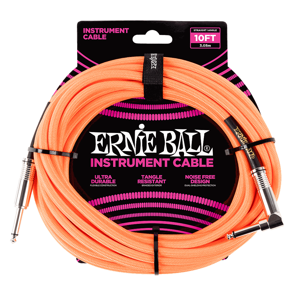 Ernie Ball - Cable para Instrumento, Color: Anaranjado Fosforecente Tamaño: 3.05 mts. Recto/Angulado Mod.6079