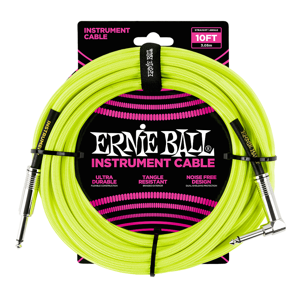 Ernie Ball - Cable para Instrumento, Color: Amarillo Fosforecente Tamaño: 3.05 mts. Recto/Angulado Mod.6080