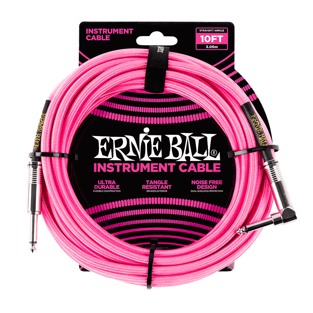 Ernie Ball - Cable para Instrumento, Color: Rosa Fosforecente Tamaño: 3.05 mts. Recto/Angulado Mod.6078