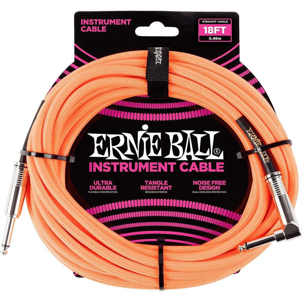 Ernie Ball - Cable para Instrumento, Color: Anaranjado Fosforecente Tamaño: 5.49 mts. Recto/Angulado Mod.6084