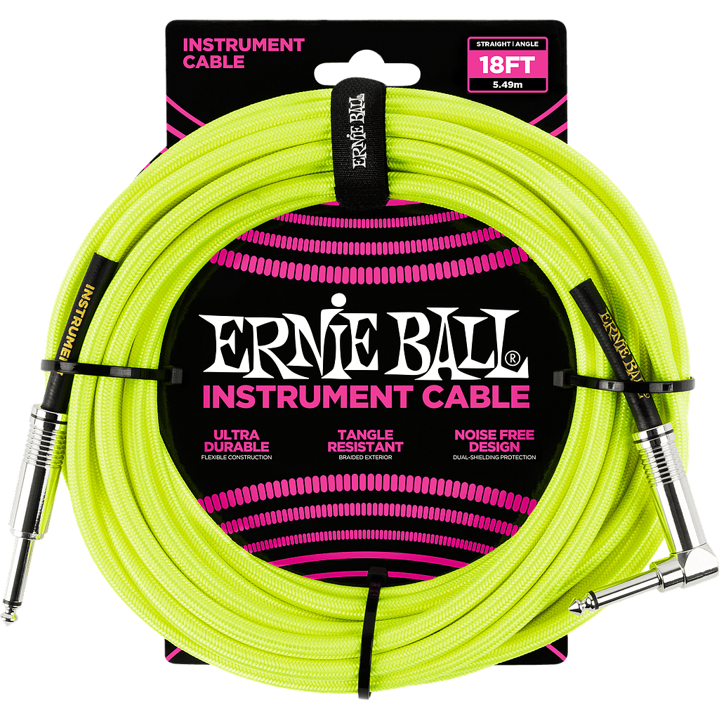 Ernie Ball - Cable para Instrumento, Color: Amarillo Fosforecente Tamaño: 5.49 mts. Recto/Angulado Mod.6085