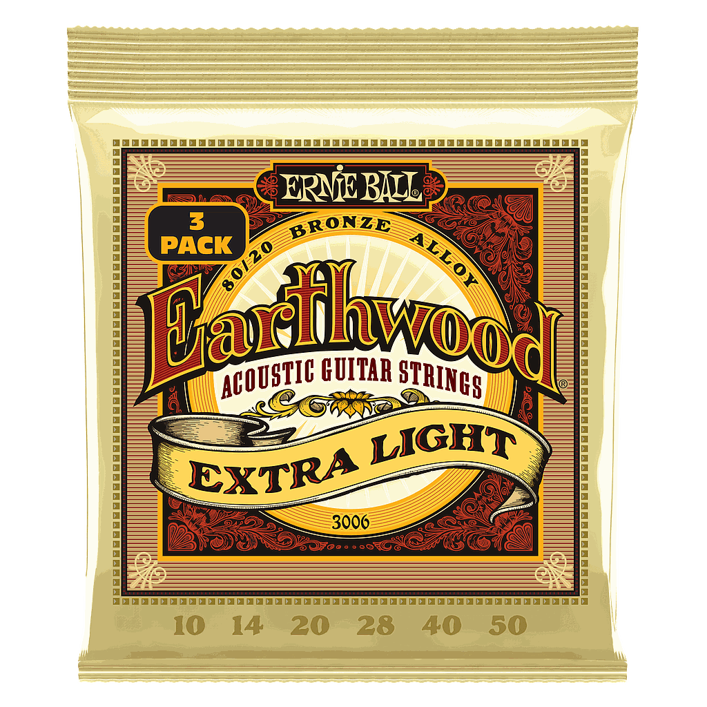 Ernie Ball - 3 Encordados Earthwood Extra Light Para Guitarra Acústica, Bronce 0.010-0.050 Mod.3006