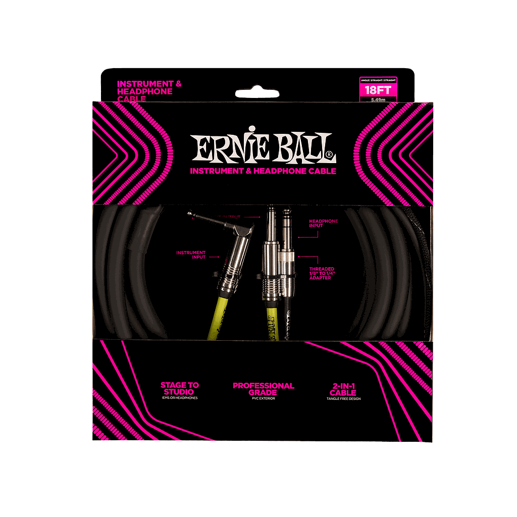 Ernie Ball - Cable Recto/Angulado/Recto para Instrumento, Tamaño: 5.4864 Mts. Color: Negro Mod.6411