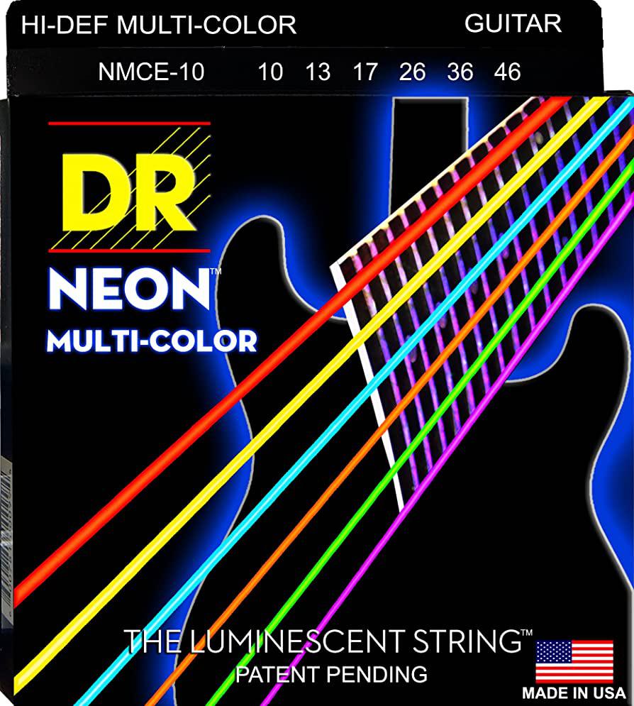 DR Strings - Encordado para Guitarra Eléctrica, Hi-Def NEON MultiColor Coated 10-46 Mod.NMCE-10