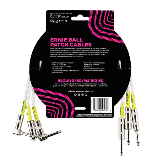 Ernie Ball - 3 Cables de 0.46 MTS., Color: Blanco Angulado/Angulado Mod.6056_7