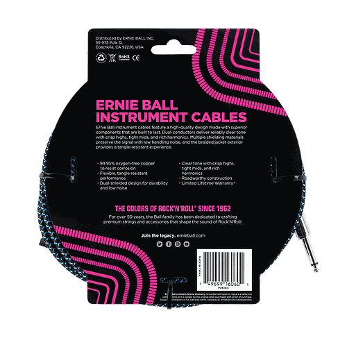 Ernie Ball - Cable Recubierto para Instrumento de 7.62 mts., Color: Negro/Azúl Neon Ang./ Rec. Mod.6060_28