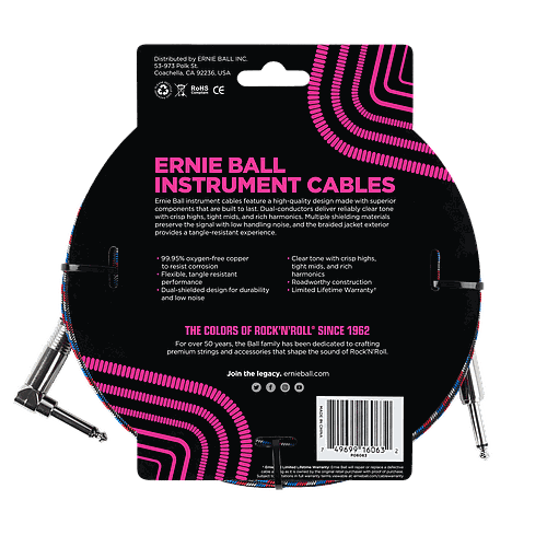 Ernie Ball - Cable Recubierto para Instrumento de 7.62 mts., Color: Negro/Azul/Rojo/Blanco Ang./ Rec. Mod.6063_30