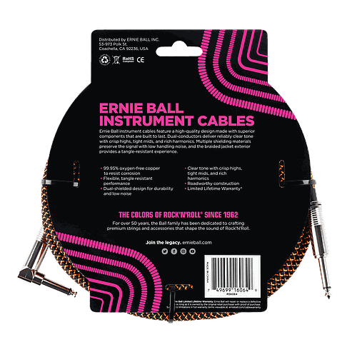 Ernie Ball - Cable Recubierto para Instrumento de 7.62 mts., Color: Negro/Naranja Neon Ang./ Rec. Mod.6064_31