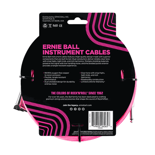 Ernie Ball - Cable Recubierto para Instrumento de 7.62 mts., Color: Rosa Neon Ang./ Rec. Mod.6065_32