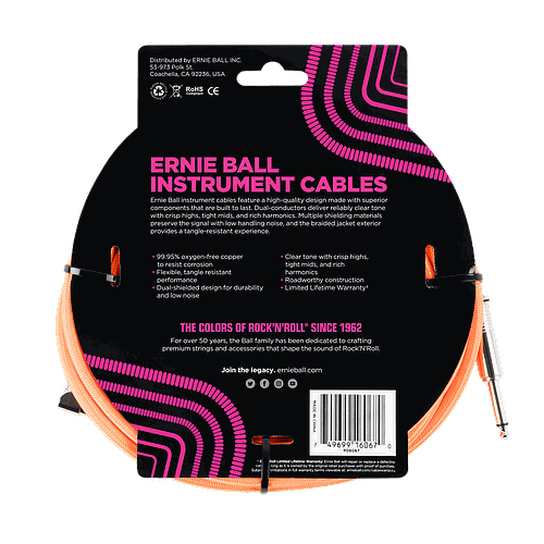 Ernie Ball - Cable Recubierto para Instrumento de 7.62 mts., Color: Naranja Neon Ang./ Rec. Mod.6067_34