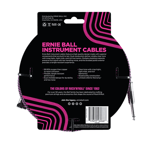 Ernie Ball - Cable Recubierto para Instrumento de 7.62 mts., Color: Negro/Morado Ang./ Rec. Mod.6068_35