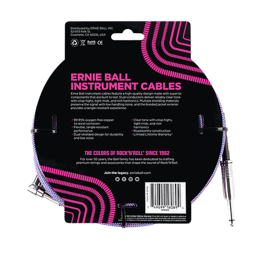 Ernie Ball - Cable Recubierto para Instrumento de 7.62 mts., Color: Morado/Azul Ang./ Rec. Mod.6069_36