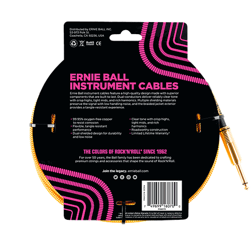Ernie Ball - Cable Recubierto para Instrumento de 7.62 mts., Color: Dorado Ang./ Rec. Mod.6070_37