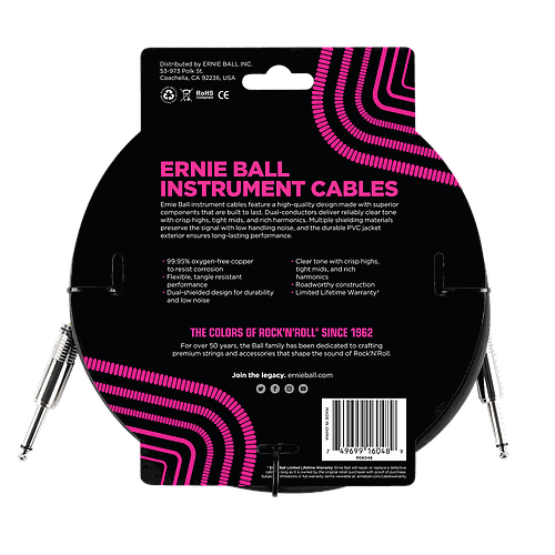 Ernie Ball - Cable para Instrumento, Color: Negro Tamaño: 3.04 mts. Recto/Recto Mod.6048_39