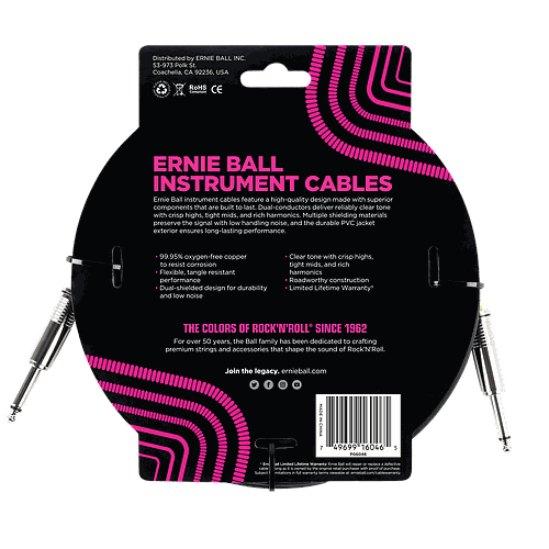 Ernie Ball - Cable para Instrumento, Color: Negro Tamaño: 6.09 mts. Recto/Recto Mod.6046_40