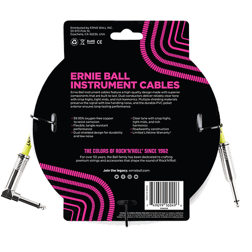 Ernie Ball - Cable para Instrumento, Color: Blanco Tamaño: 3.04 mts. Recto/Ang. Mod.6049_42