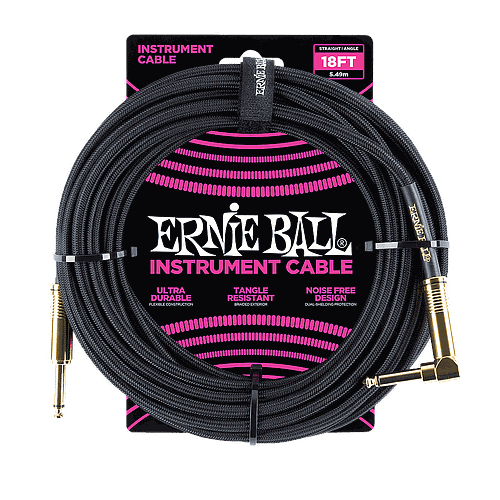 Ernie Ball - Cable para Instrumento, Color: Negro Tamaño: 5.49 mts. Recto/Angulado Mod.6086_30