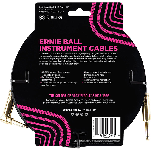 Ernie Ball - Cable para Instrumento, Color: Negro Tamaño: 5.49 mts. Recto/Angulado Mod.6086_31