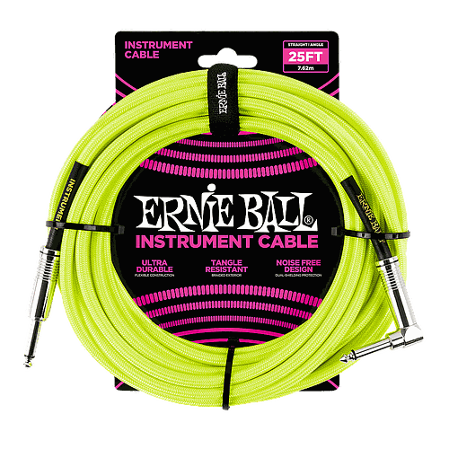 Ernie Ball - Cable Recubierto para Instrumento de 7.62 mts., Color: Amarillo Neon Angulado / Recto Mod.6057