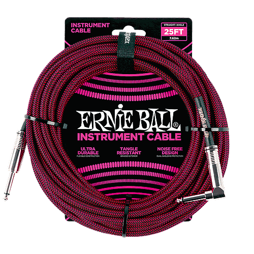 Ernie Ball - Cable Recubierto para Instrumento de 7.62 mts., Color: Negro/Rojo Ang./ Rec. Mod.6062
