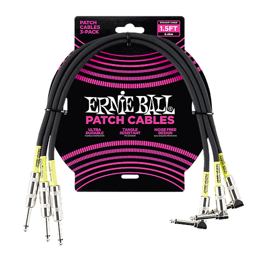 Ernie Ball - 3 Cables de 0.46 mts., Color: Negro Ang./Ang. Mod.6076