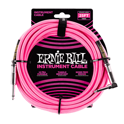 Ernie Ball - Cable Recubierto para Instrumento de 7.62 mts., Color: Rosa Neon Ang./ Rec. Mod.6065