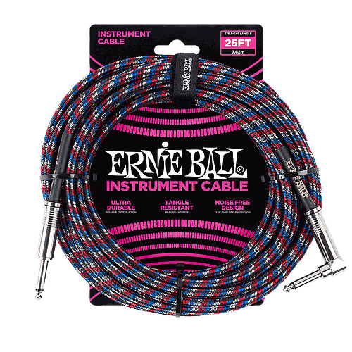 Ernie Ball - Cable Recubierto para Instrumento de 7.62 mts., Color: Negro/Azul/Rojo/Blanco Ang./ Rec. Mod.6063