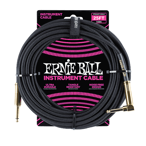 Ernie Ball - Cable Recubierto para Instrumento de 7.62 mts., Color: Negro Ang./ Rec. Mod.6058