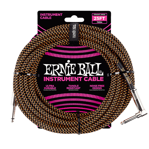 Ernie Ball - Cable Recubierto para Instrumento de 7.62 mts., Color: Negro/Naranja Neon Ang./ Rec. Mod.6064