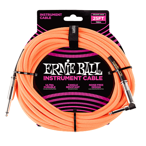 Ernie Ball - Cable Recubierto para Instrumento de 7.62 mts., Color: Naranja Neon Ang./ Rec. Mod.6067