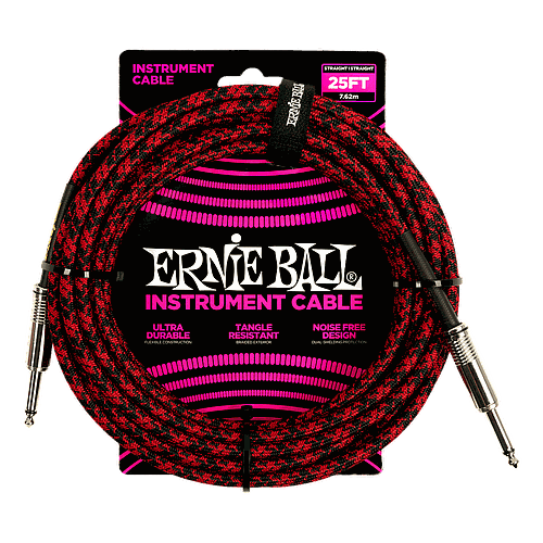 Ernie Ball - Cable de Audio Recto/Recto, Tamaño: 7.620 Mts., Color: Rojo/Negro Mod.6398